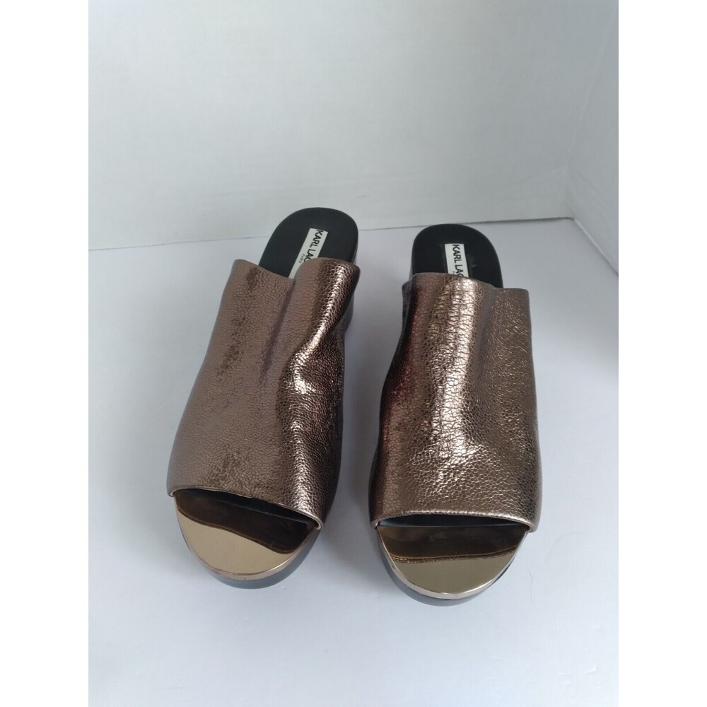 Karl Lagerfeld Metallic Bronze Comfort Wedge Slides Platform Sandals